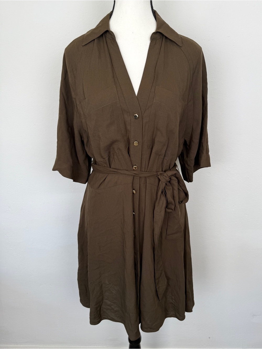 H&M Size Small Brown Button Front Tie Waist Short Sleeve Shirt Dress
